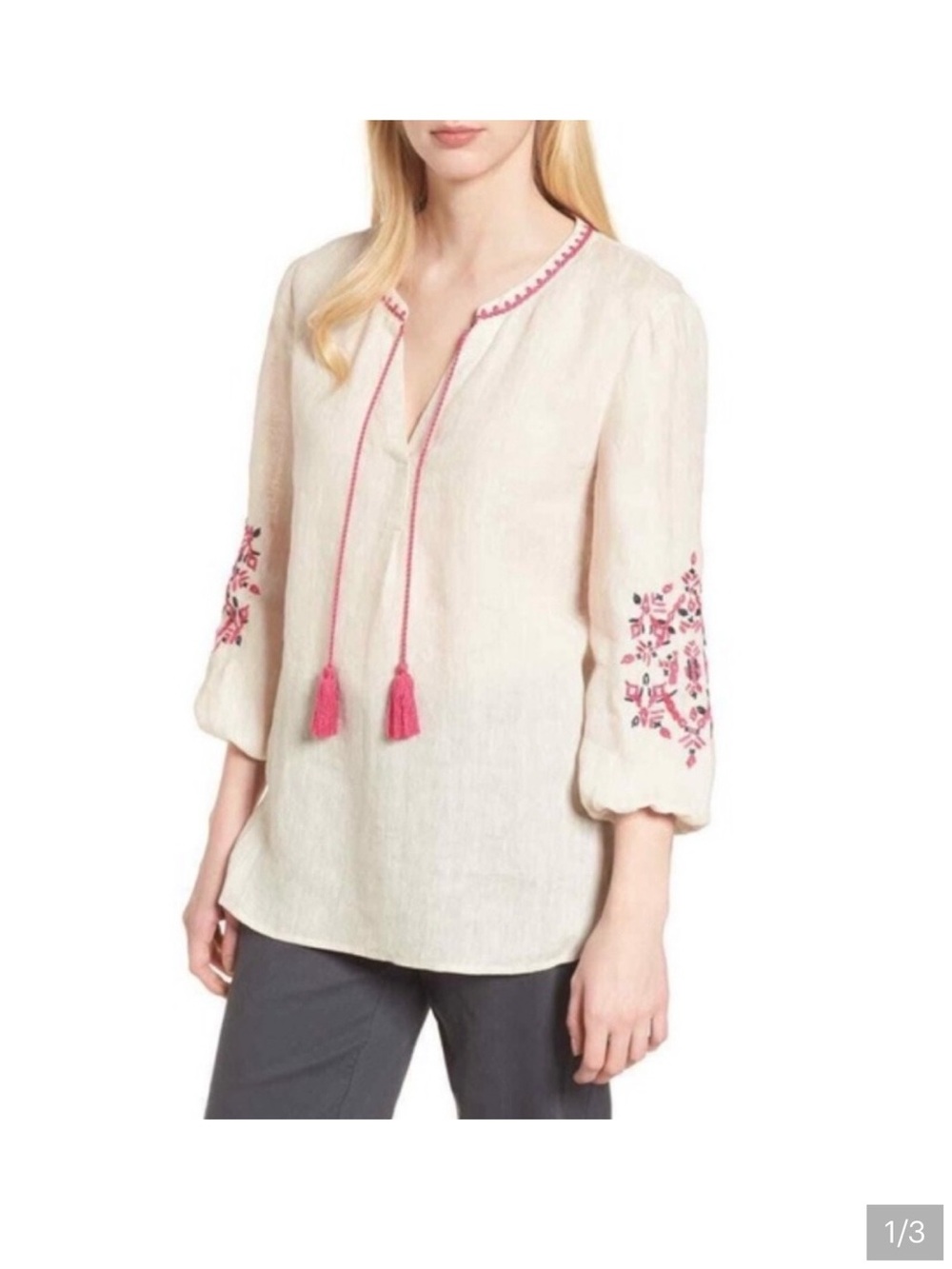 NIC+ZOE Cream 100% Linen Tunic with Pink Embroidery